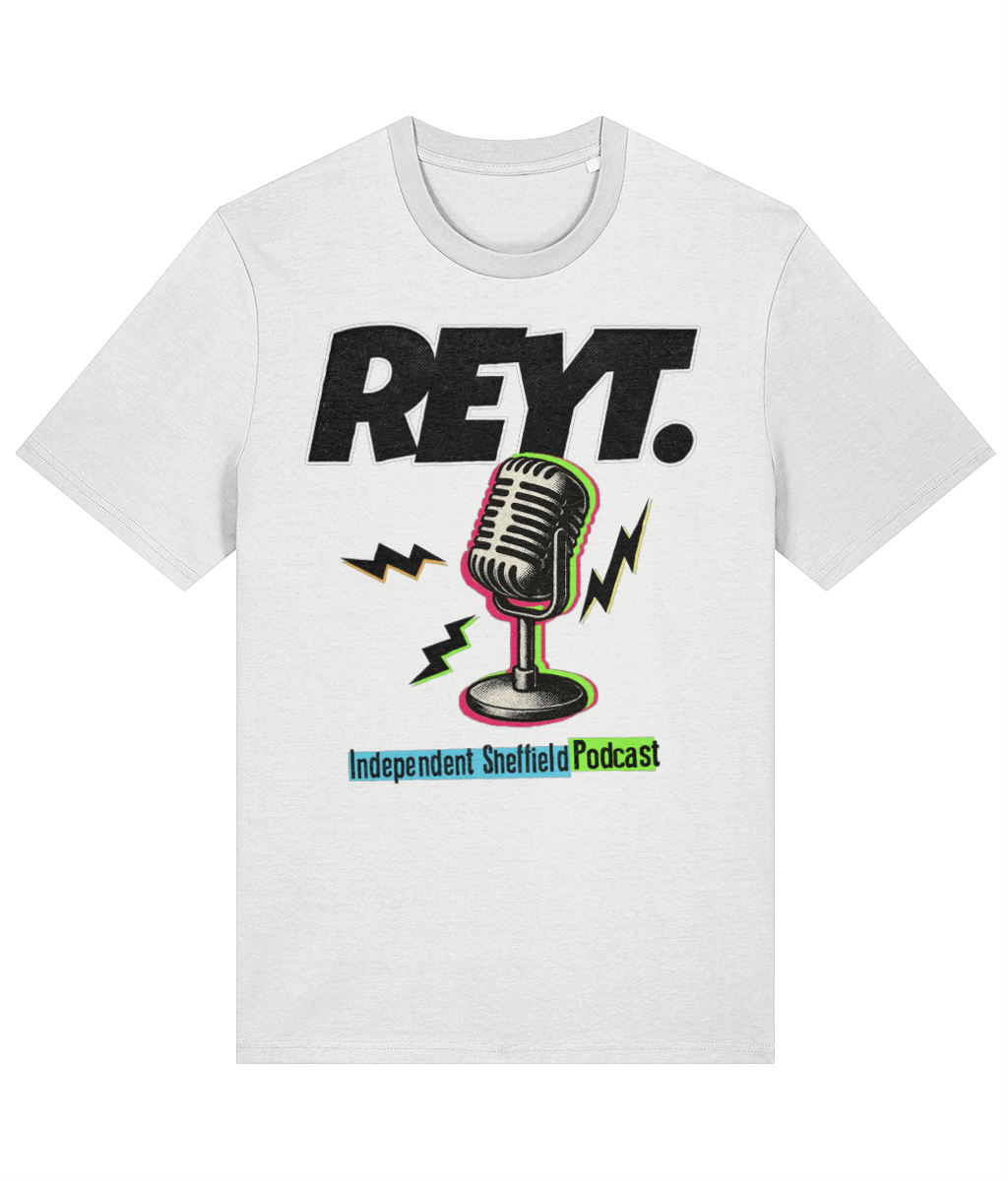 REYT Independent Sheffield Podcast white colour T-shirt with vintage microphone graphic and bold logo design.