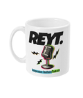 White mug with 'REYT.' and microphone graphic on a white background