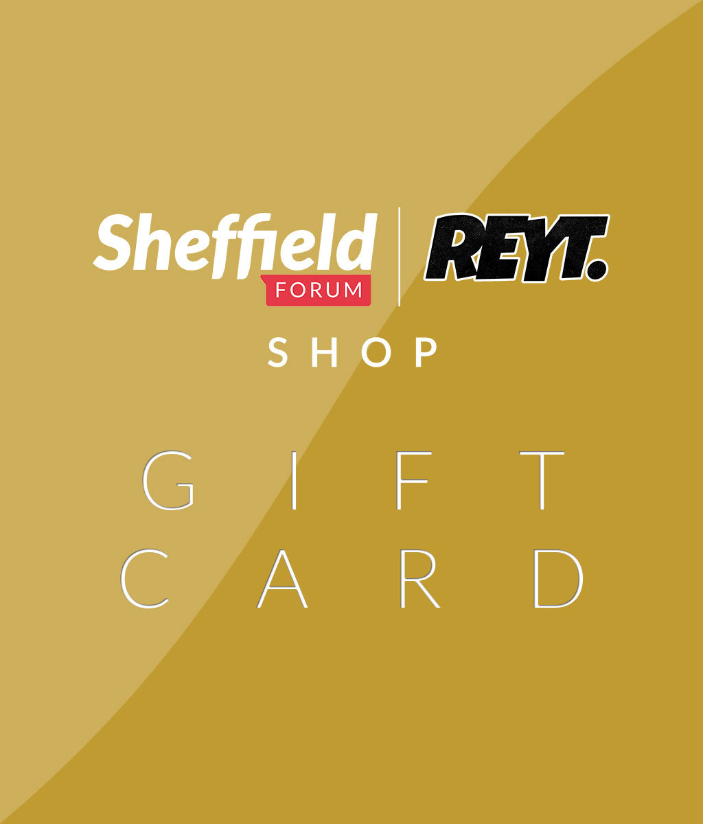 Gold colour panel showing the Sheffield Forum Shop and REYT. logos with the text 'Gift Card'.