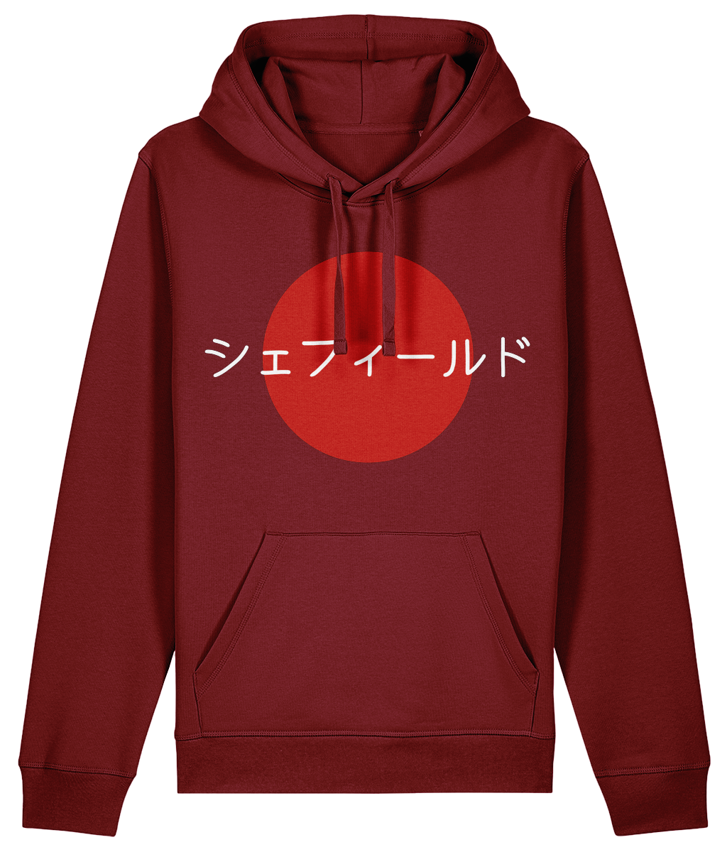 Burgundy hoodie with a red circle and white text on a white background